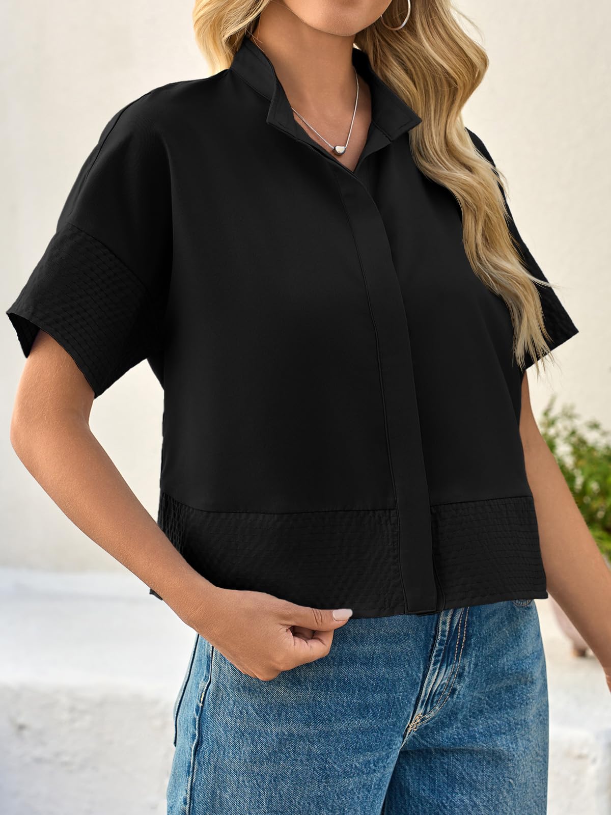 Cicy Bell Blusa de Manga Corta para Mujer, Plisada, Elegante, Informal, Cuello Alto, Holgada