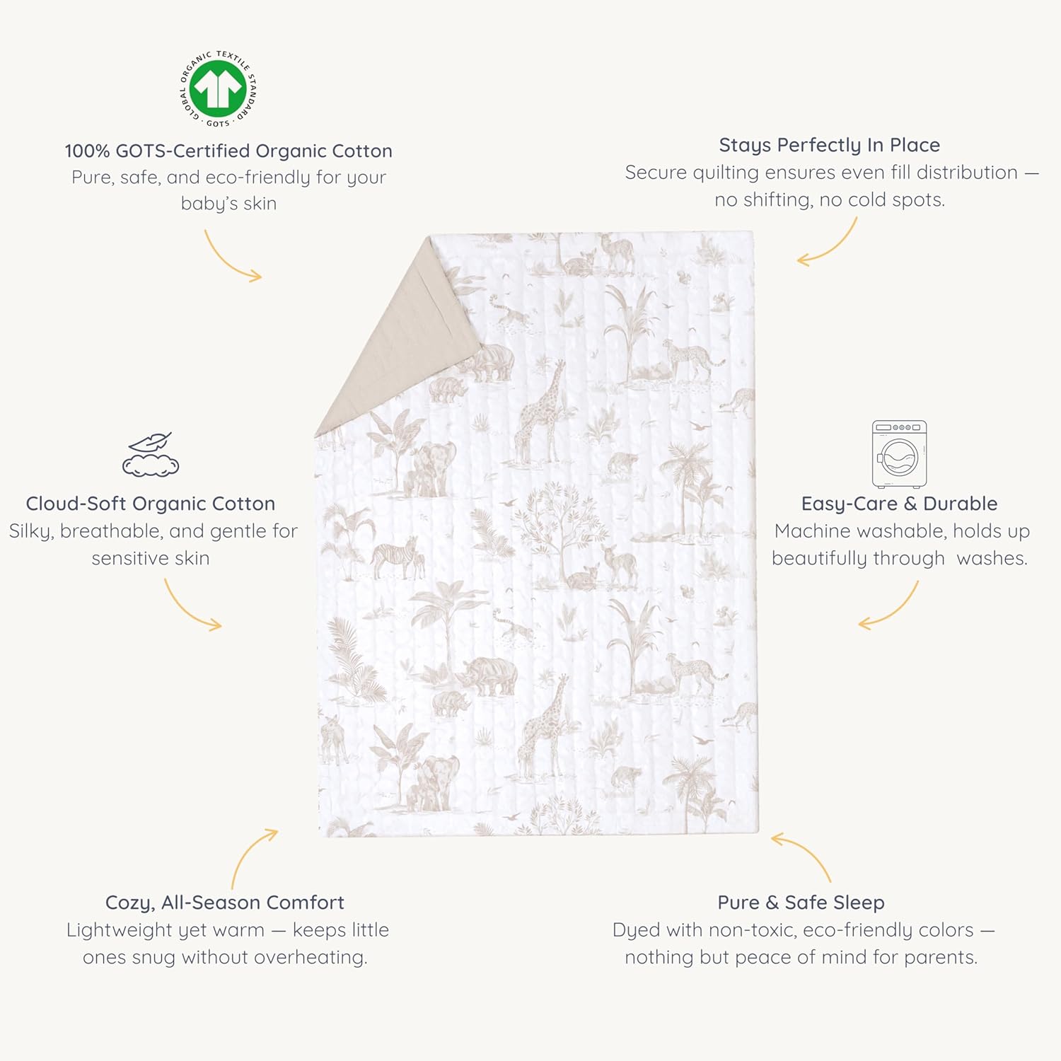 MakeMake Organics Organic Baby Comforter GOTS Certified Organic Kids Blanket Cotton Infill Tufted - Reversible Ultra Soft Breathable Boys Girls (30"x40", Safari + Solid Oat)