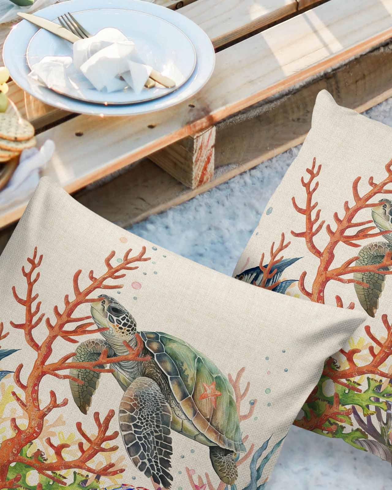 Turtle Coral Outdoor Pillow Cover 24x24 Inch Cushion Sham Case, Waterproof Decorative Square Throw Pillowcase for Outside Garden Patio Porch Couch Chair Tent Summer Tropical Fish Ocean Seaweed Crab