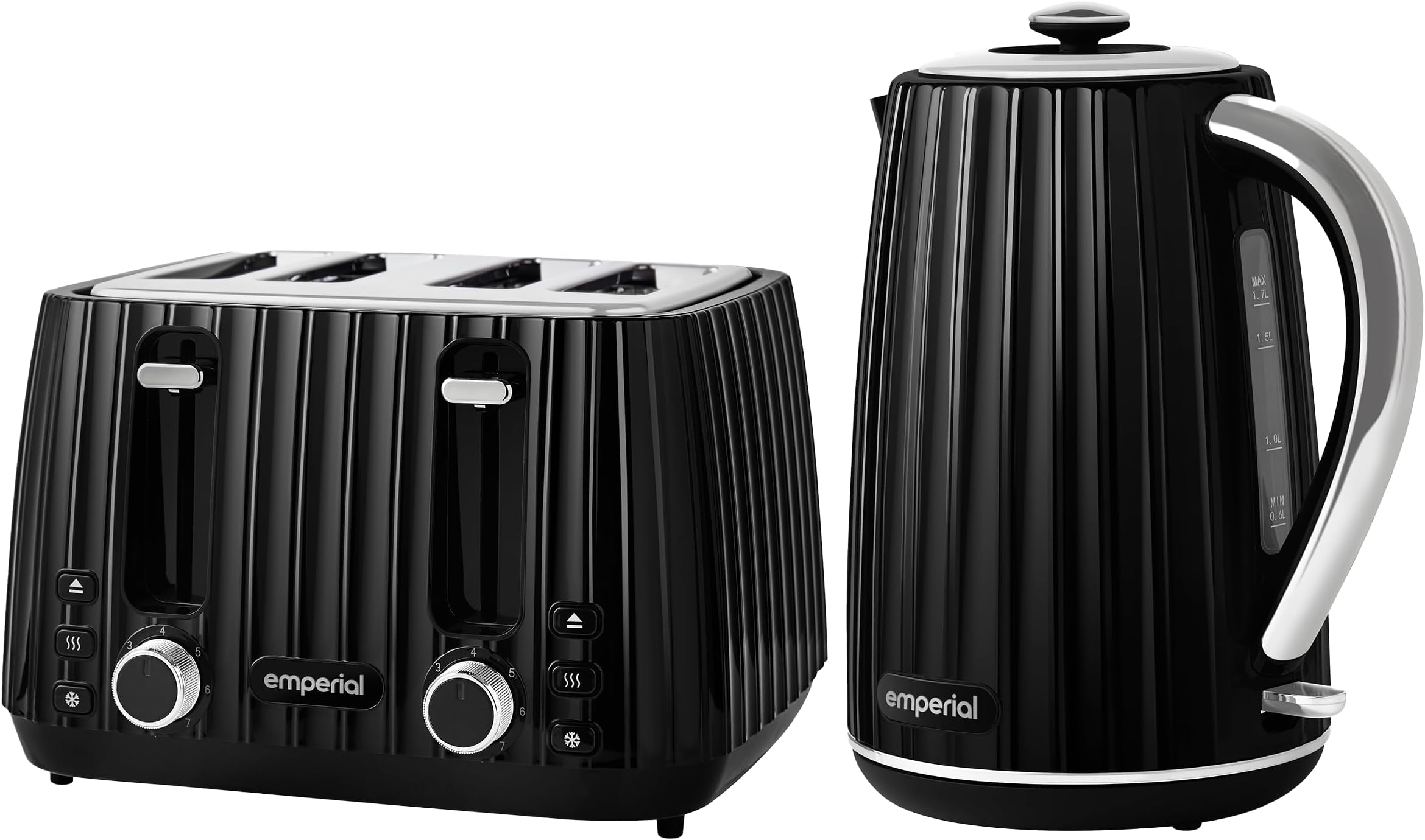 Emperial Flow Kettle and Toaster Set | 1.7L Cordless Electric Kettle | 4 Slice Toaster with Adjustable Browning | High Gloss Grooved Design (Black)
