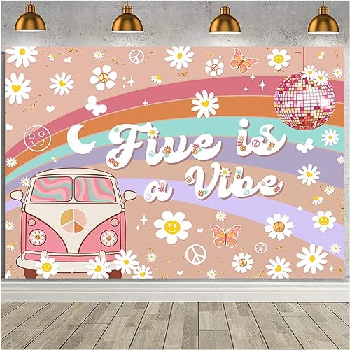 Groovy - Pancarta de fondo de 5 cumpleaños con texto en inglés "Five is A Vibe" para fiesta de cumpleaños de 5 años, fondo de fotografía de coche