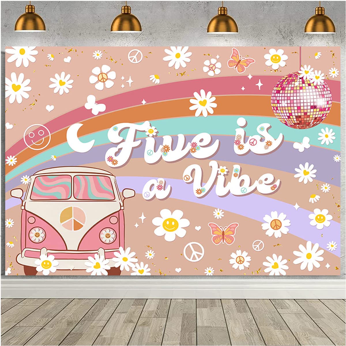 Groovy 5th Birthday Backdrop Banner Five is A Vibe Background Girl 5th Birthday Party Photography Background Pink Car Rainbow Small White Flowers Boho