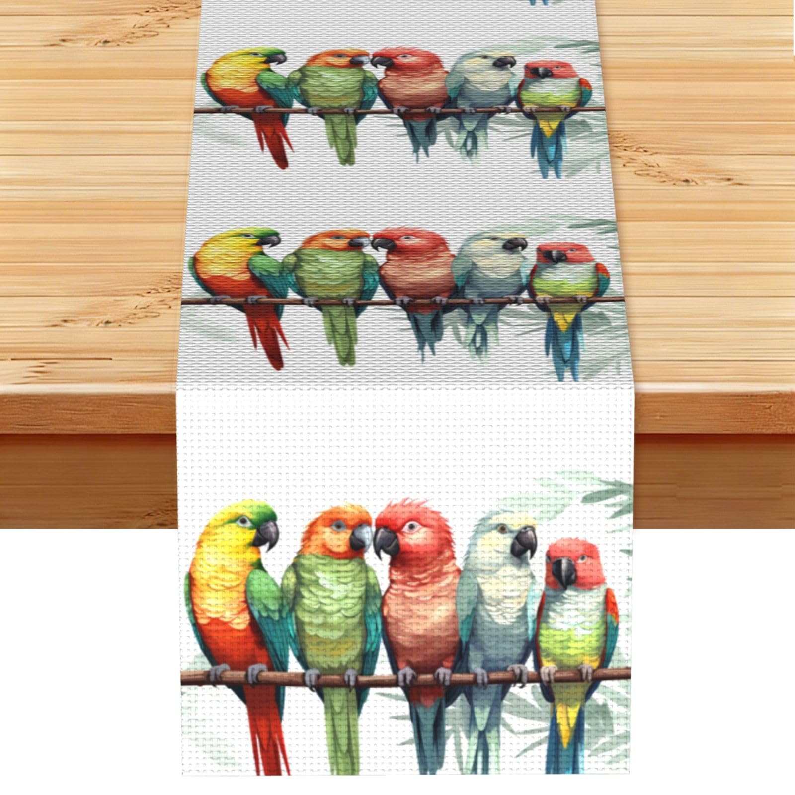 Colorful Parrots On Tree Table Runner 13 x 72 Inches Long, Cotton Linen Table Runners for Kitchen Dining Table Decoration - Washable Tablecloth Modern Tablerunner for Home Party Decor