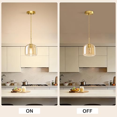 Miniatura 8 de Luces colgantes de isla de cocina, lámpara colgante dorada, luces colgantes de latón con pantalla de vidrio ámbar, lámpara colgante ajustable para