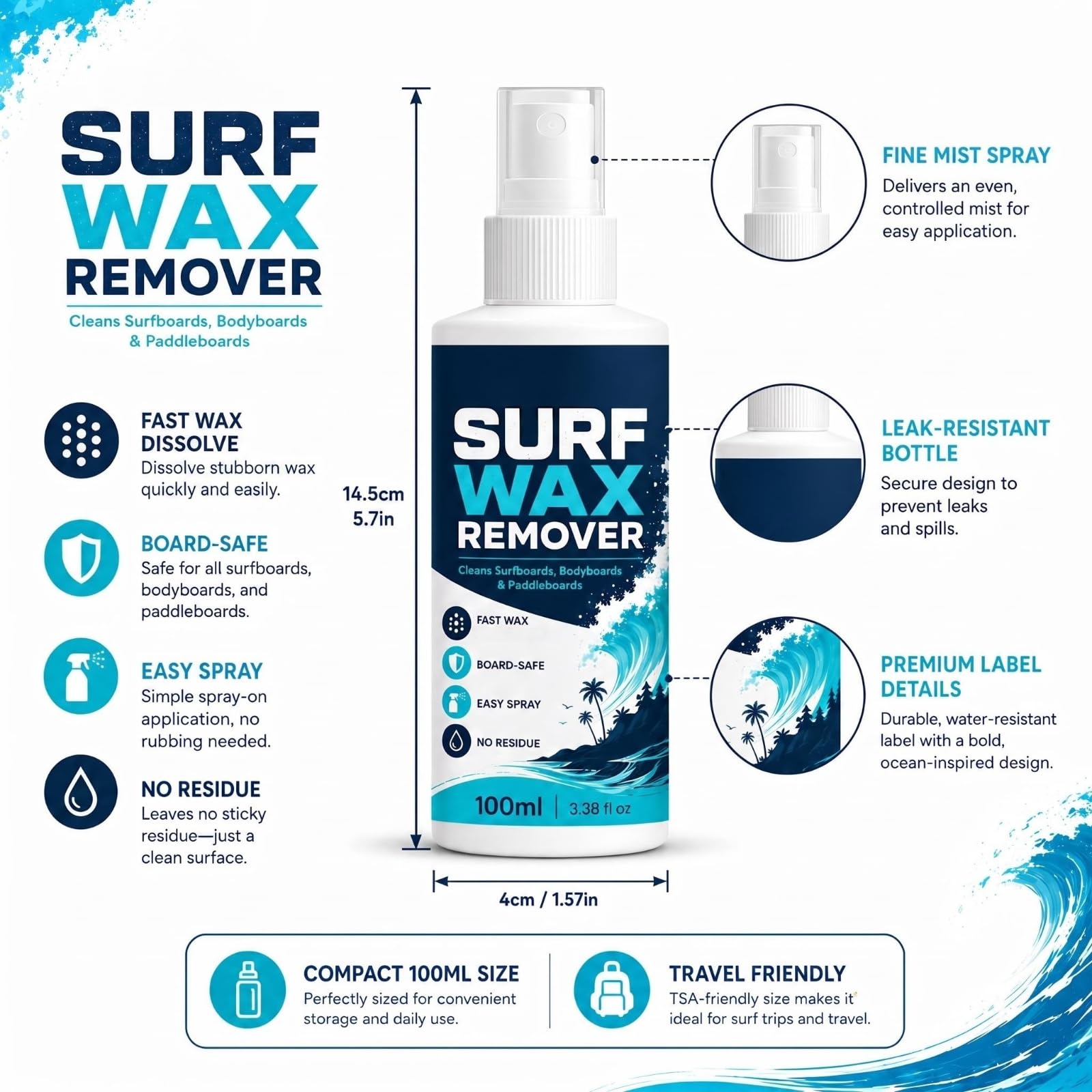 Surfbrett-Wachsentferner-Spray, schnell wirkende Reinigungsformel, schonend für Gelcoat, entfernt Rückstände und Schmutz, stellt die Oberfläche von Surfbrettern, Paddleboards und Bodyboards (6pcs)