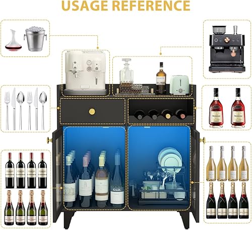 Miniatura 5 de COCO DESIGN Armario pequeño de licor de vino con luz LED, moderno gabinete de barra de café con almacenamiento para el hogar, aparador de buffet con
