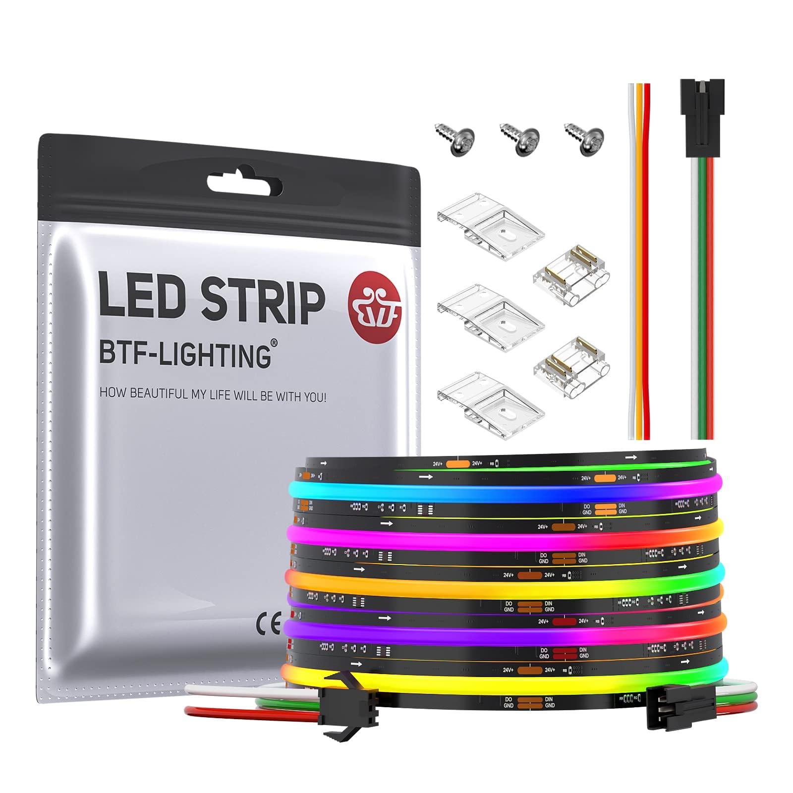 BTF-LIGHTING FCOB SPI RGB Flexible High Density LED Strip COB WS2811 IC LED Strip 5M 630LEDs/m DC24V Black PCB IP30 Chasing Colour(Without Controller and Power Supply) — image 1
