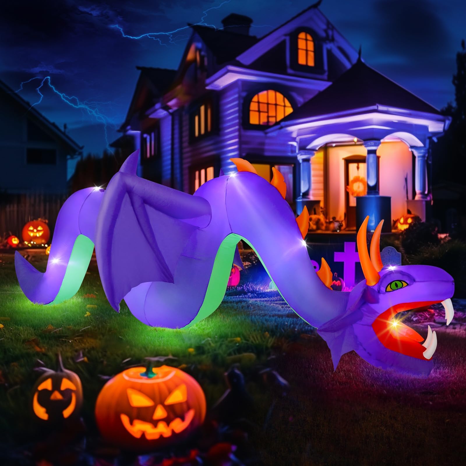 12FT Halloween Inflatables Outdoor Decoration, Large Flying Dragon with Openning Red Mouth Blow Up, Giant Outside Hanging Inflatable with 7 LEDs Light Up for Holiday Yard Lawn Patio Parties Display