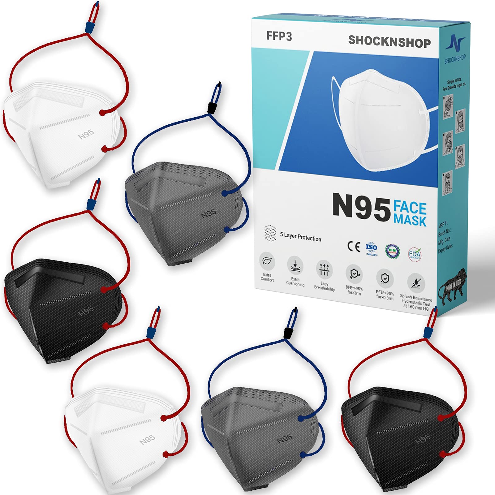 Shocknshop CE, ISO, FDA and WHO-GMP Certified N95 Reusable Washable Face Mask with 5 Layer For Men Over Head Loop - Pack of 6 (Black, Grey, White). (B092ZPJDDY) Amazon Price History, Amazon Price Tracker