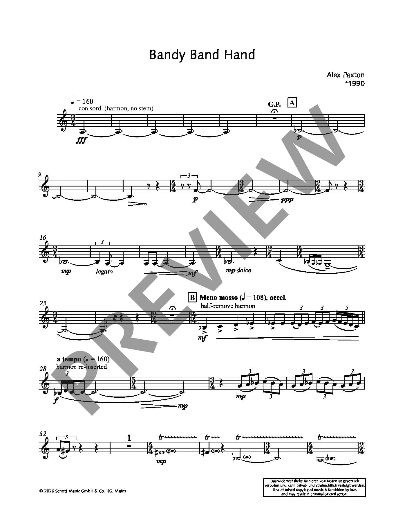 Bandy Band Hand: for brass quintet. 2 trumpets, horn, trombone and tuba. Partition et parties.
