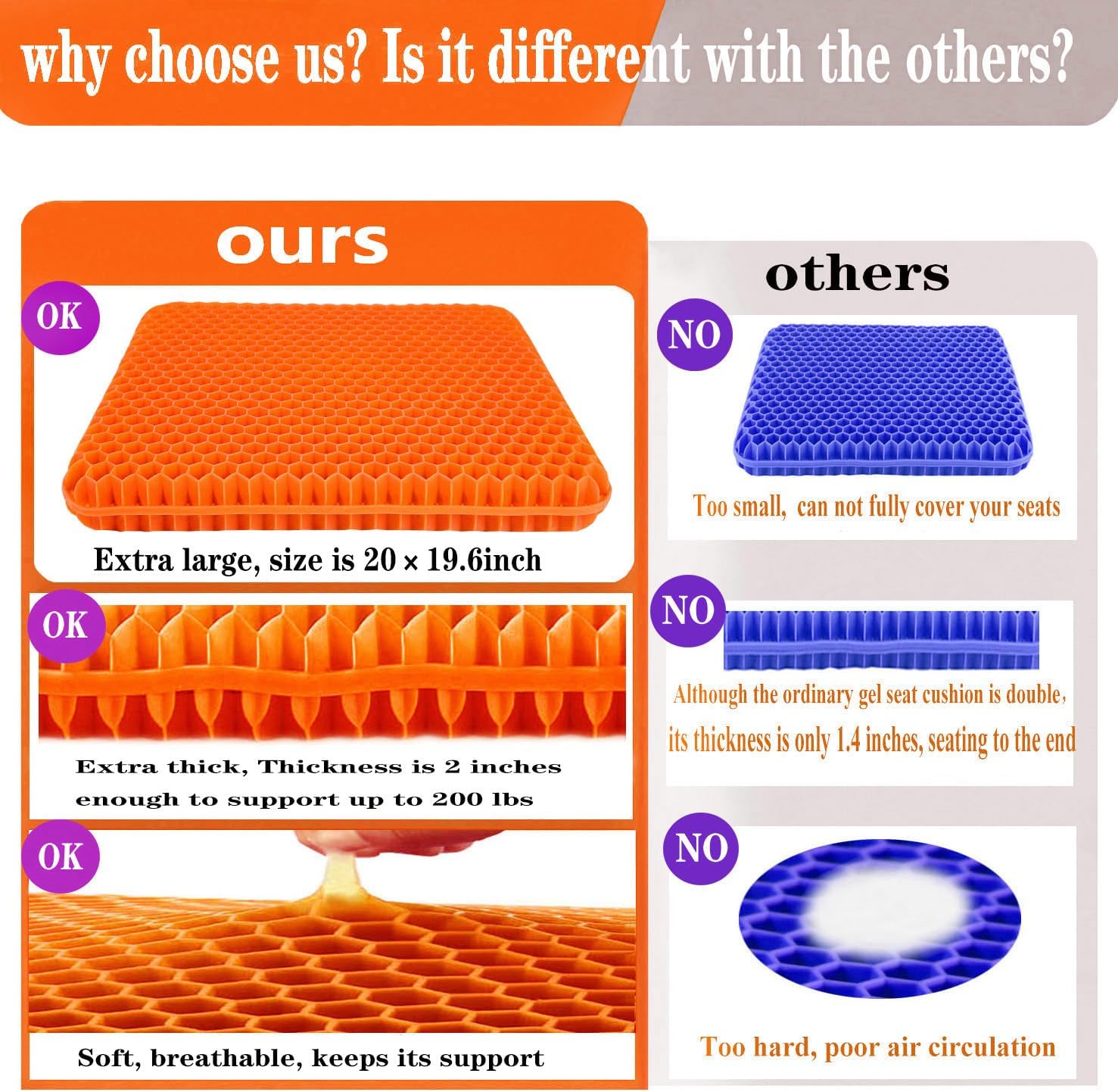 Extra Large Gel Seat Cushion for Long Sitting, Seat Cushion for Back, Hip, Sciatica, Tailbone Pain Relief, Use for The Office, Wheelchair, Car, Recliner, Truck, Stadium.(Orange)
