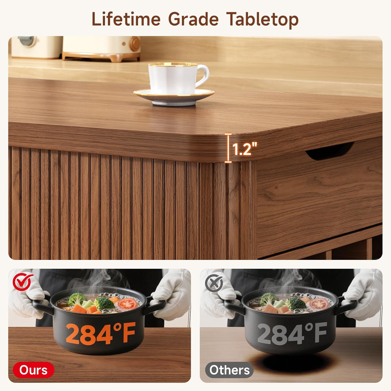 ONBRILL 59 Inch Kitchen Island with Storage, Fluted Counter Height Table, Mid-Century Modern Kitchen Island Table with Sliding Door, Home Bar Tables with Wine Rack and Drawers Walnut