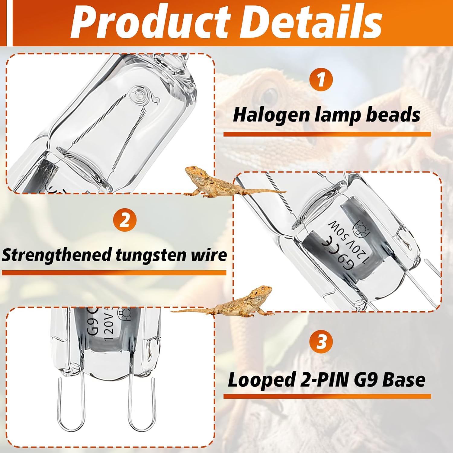 8 Pcs G9 Halogen Bulb 50W, Reptile Heat Lamp for Bearded Dragon/Gecko image 5