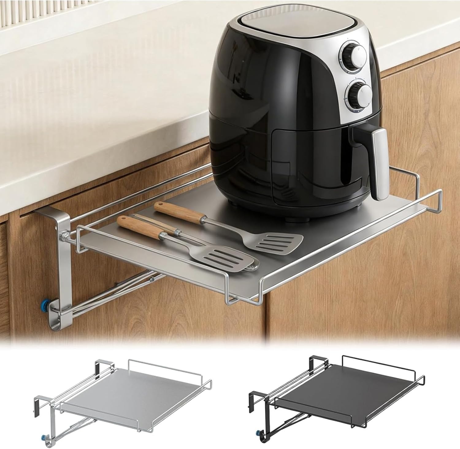 Foldable Cabinet Door Organizer Shelf & Countertop Extender, Metal Storage Rack and Counter Extension, 2-in-1 Space-Saving Hanging Shelf for Kitchen Bathroom, Easy Installation (Black)