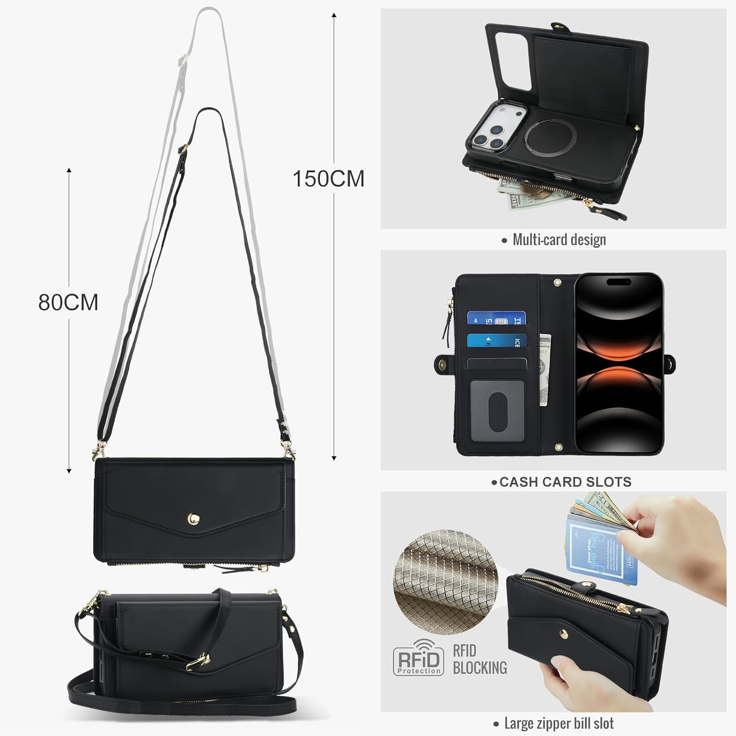 Phone Case for iPhone 17 Pro Max 6.9 inch 2025 Wallet Cover Compatible with Magsafe RFID Screen Protector Crossbody Lanyard Strap Flip Card Holder Slot Zipper Purse i Phone17 i17 17ProMax Black