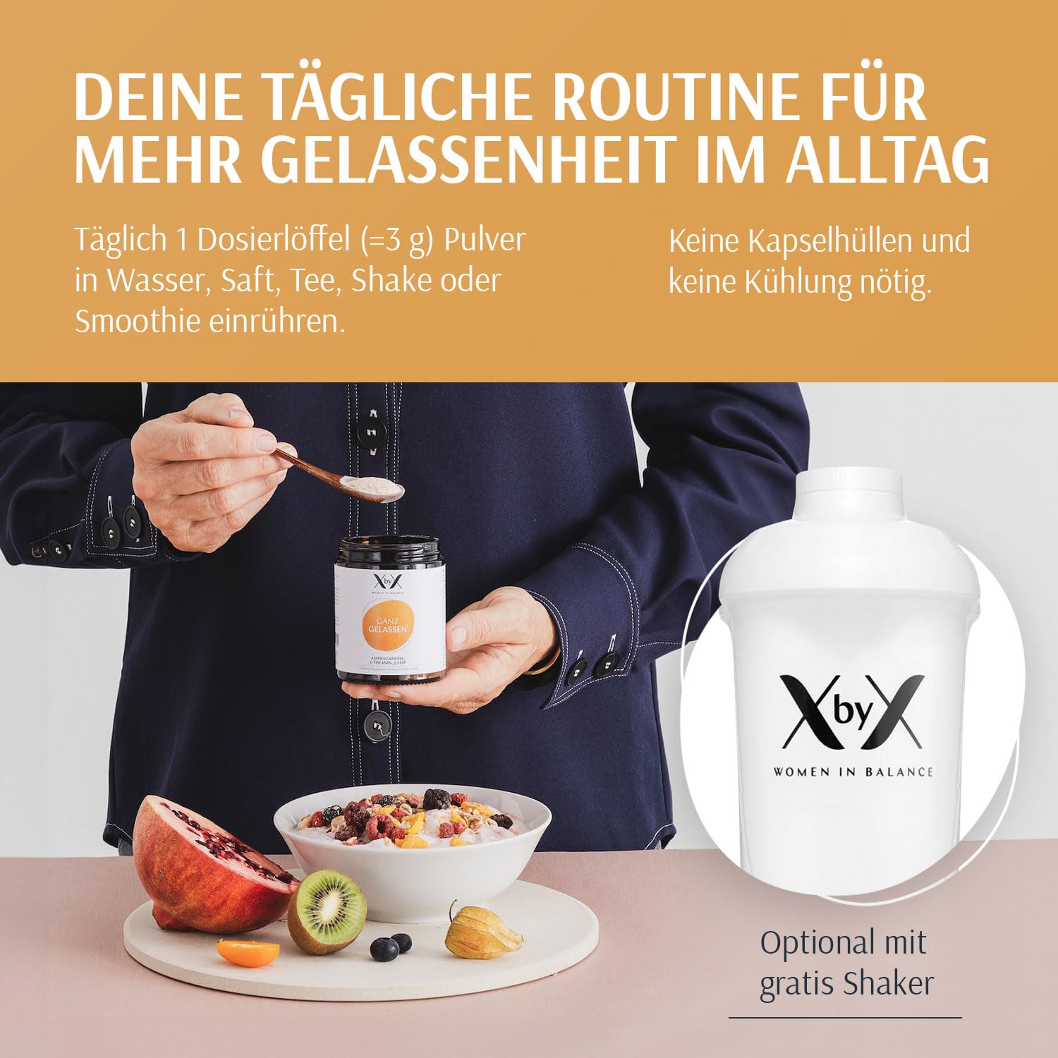 XbyX® Ganz Gelassen 90 g | 30 Portionen | Für mehr Gelassenheit & mentale Balance im Alltag | Adaptogen Ashwagandha, Tryptophan & Theanin aus Grüntee-Extrakt | Hormonfrei | Ohne Soja | Aus Deutschland