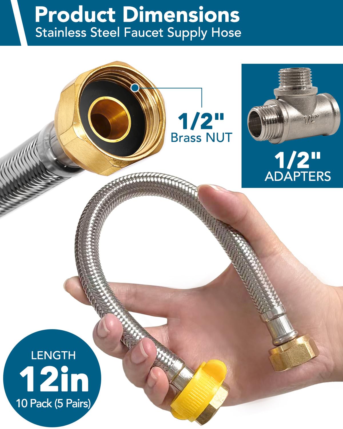 [Lot de 10] Ligne d'alimentation de robinet FIP tressé en acier inoxydable de 30,5 cm, connecteur flexible pour salle de bain et évier de cuisine