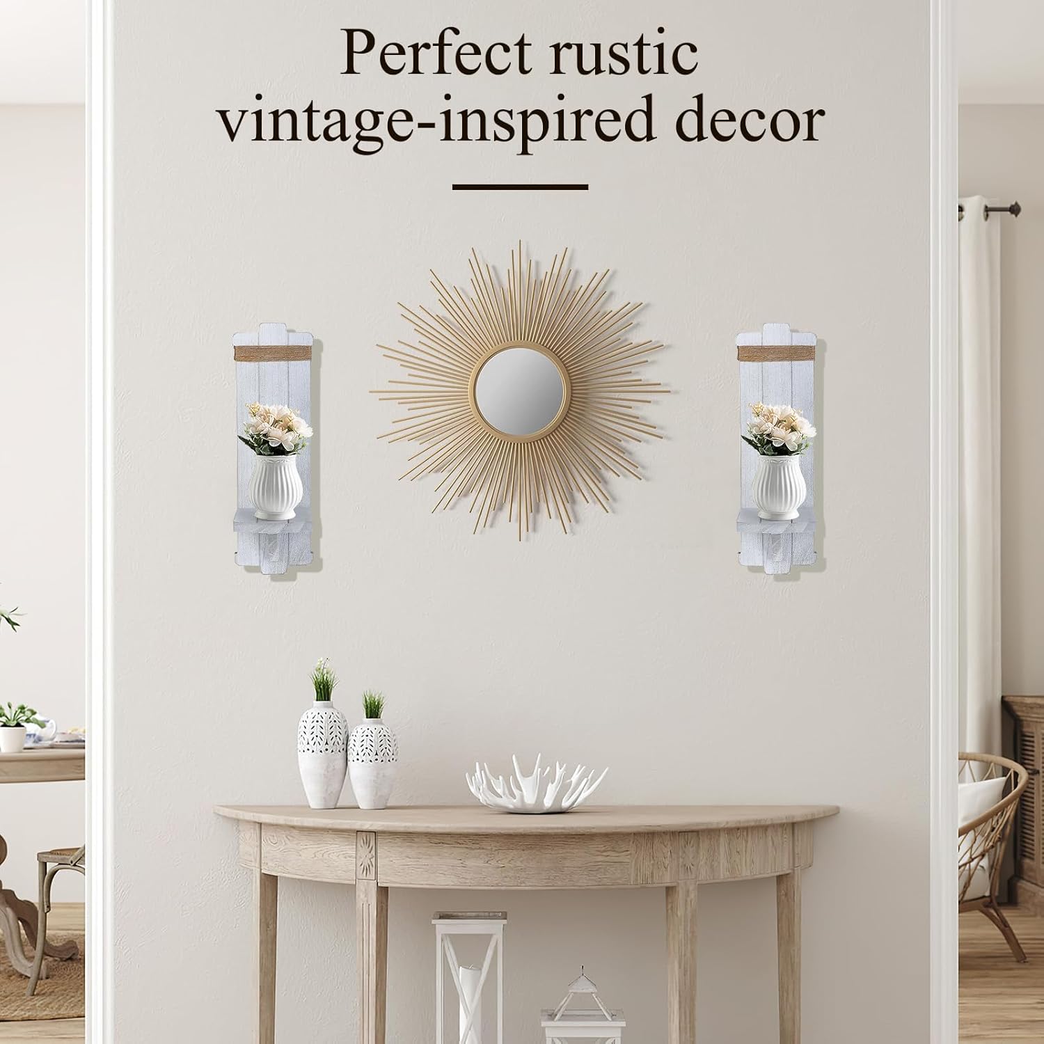 Farmhouse Wall Decor Candle Sconces - 2 Pcs Rustic Scandinavian Handmade Wooden Wall-Mount Candle Holders for Bedroom Living Room Bathroom Home Hanging Art Decorations Accessories Gifts, Grayish White