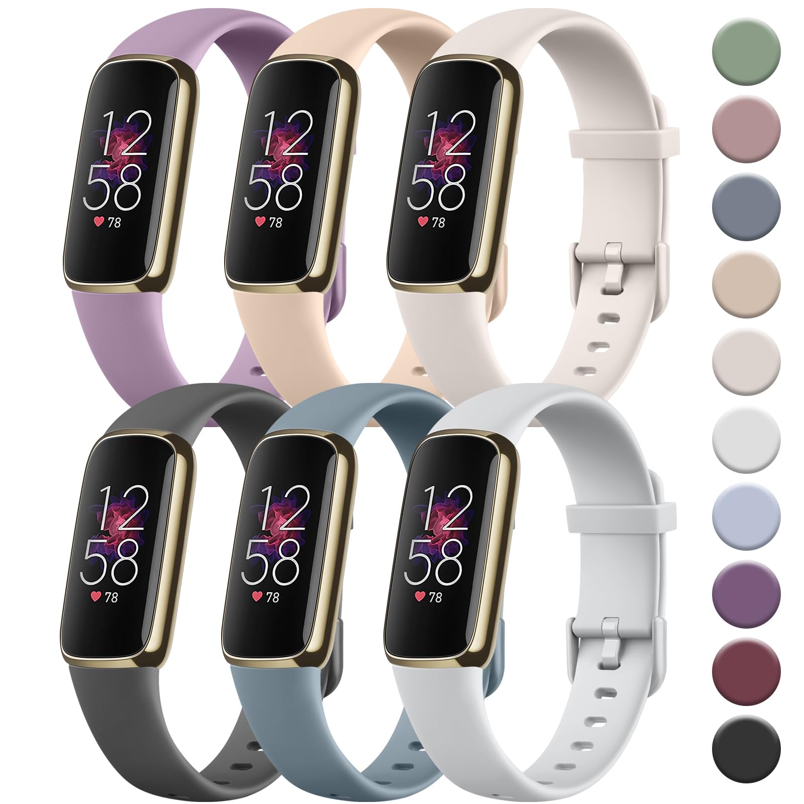 Tobfit6 PACK Sport Bands Compatible with Fitbit Luxe Bands for Women Men, Soft Silicone Waterproof Straps Replacement Wristbands Compatible for Fitbit Luxe Watch Band(6 Pack)