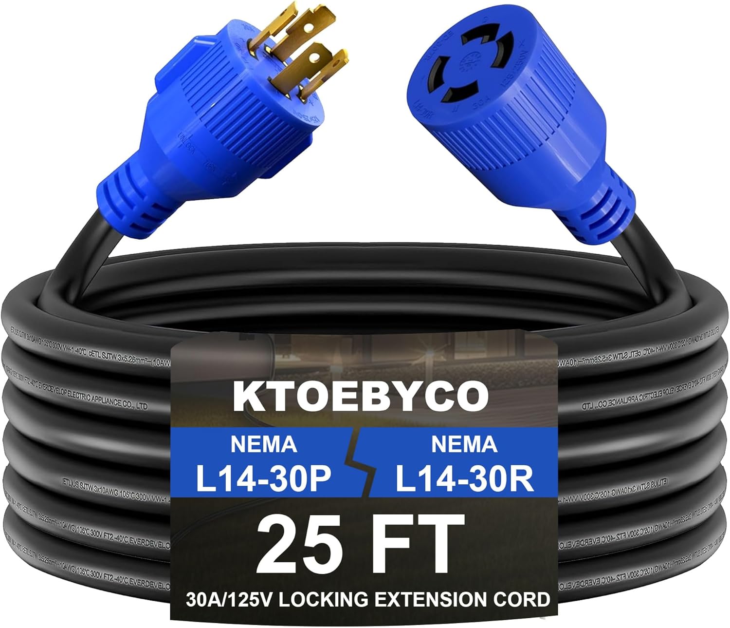 4 Prong 30 Amp Generator Extension Cord 25FT, NEMA L14-30P to L14-30R, 125/250V 7500W 10 Gauge SJTW Twist Lock Generator Cord with Cord Organizer, ETL Listed