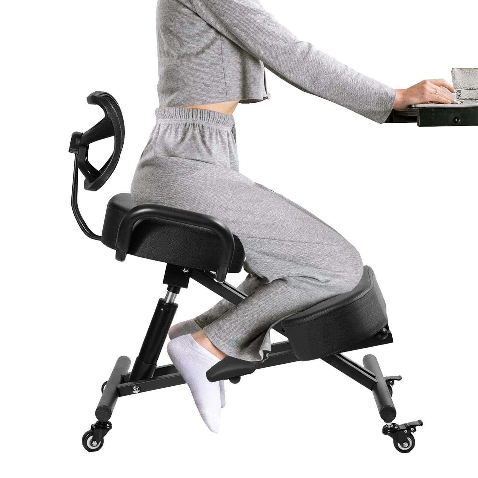 Generisch Kniestuhl, Ergonomischer Kniestuhl mit Rückenlehne und Fußstütze | Höhenverstellbarer Haltungsstuhl mit Feststellrä-dern für das Homeoffice, Haltungskorrekturhocker