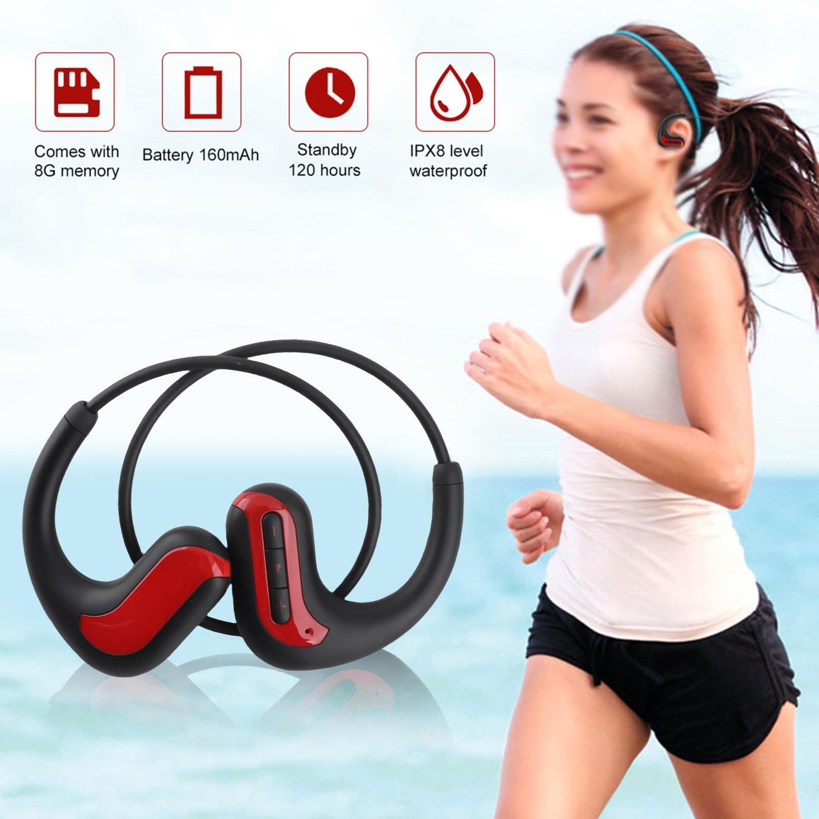 Wakects Auricolare Bluetooth Impermeabile con Memoria da 8 GB IPX8 ABS Cuffie Sportive Sospese Posteriori Riproduzione da 7 a 8 Ore per gli Utenti di Nuoto e Corsa in Palestra (rosso)