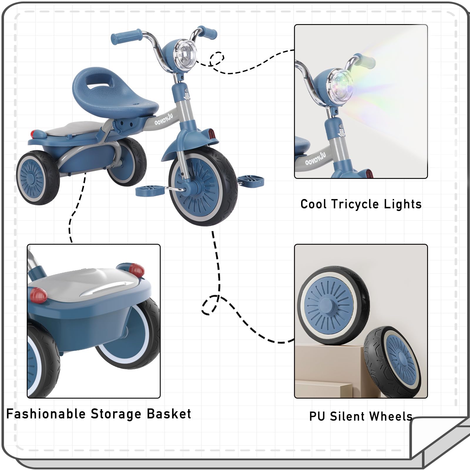 UBRAVOO Triciclo per Bambini, Triciclo Pieghevole con Pedali, Luci Cool, Ruote Durevoli e Seduta Comfort, Primo Triciclo da Passeggio per Bambine e Bambini di 1-5 Anni (Blu)