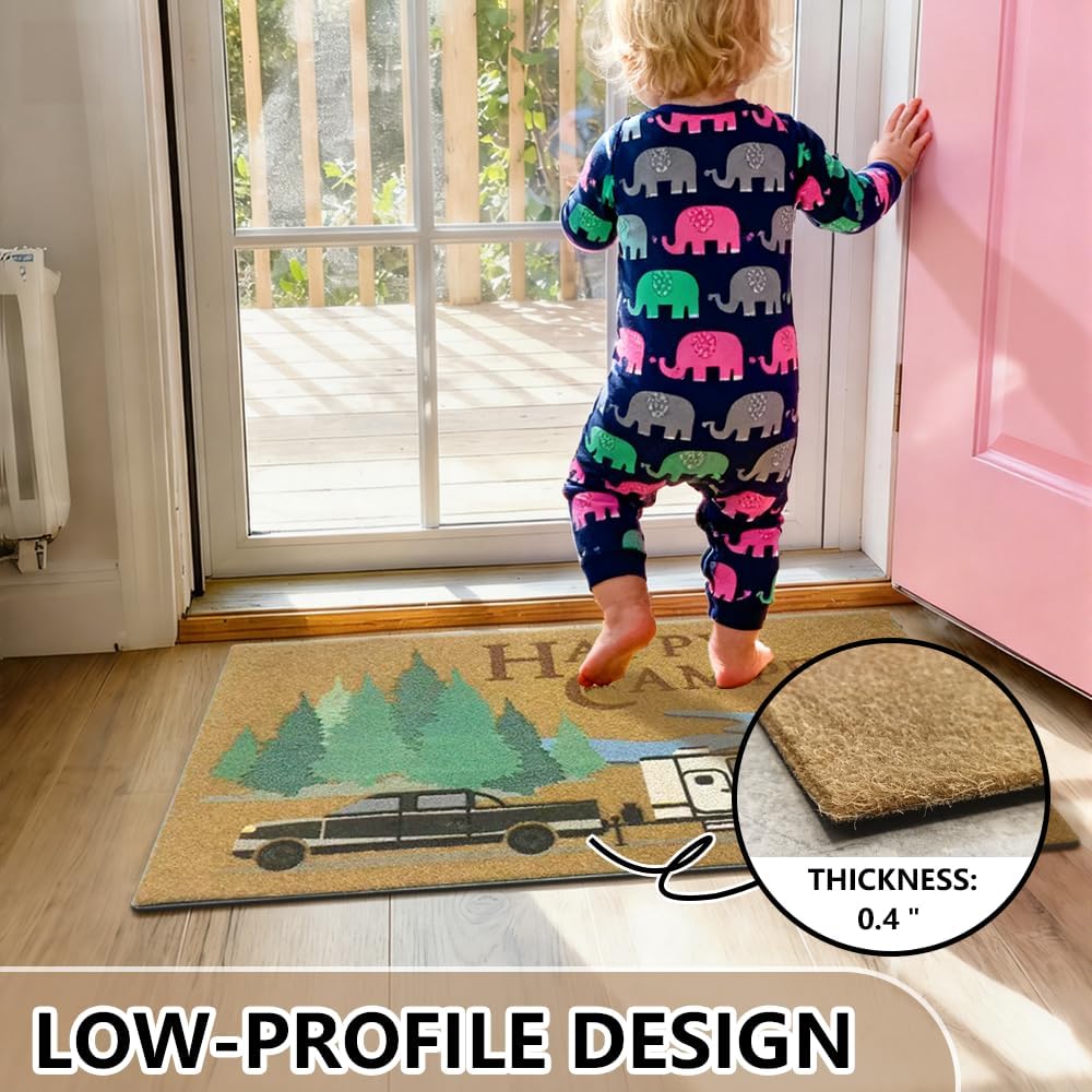 Aucuda Happy Camper Door Mat Outdoor Washable for Kitchen Floor, Welcome Muddy Mats for Front Door Outside Entrance, 30"x17" Entryway Rubber Rug Waterproof for RV, Trailer, Motorhome, Porch, Patio.