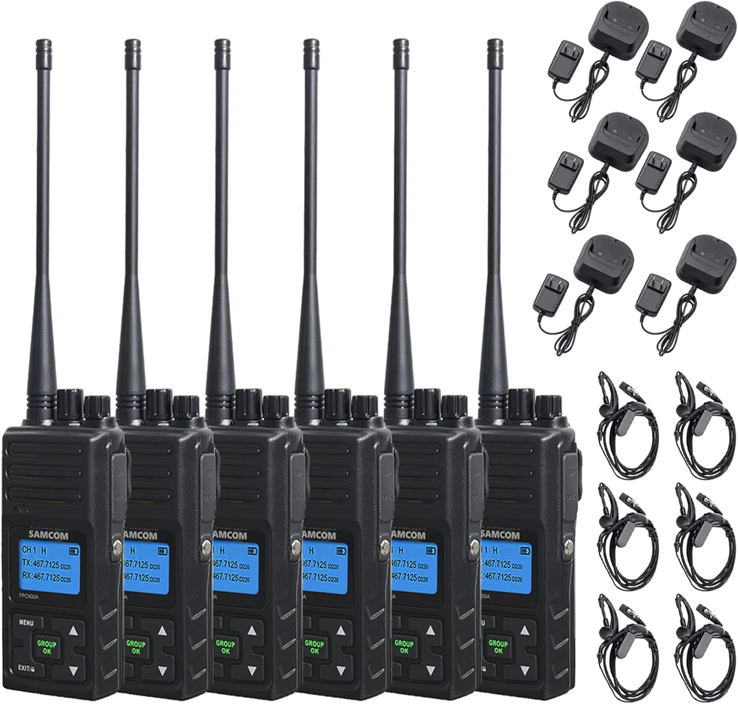 FPCN30A Rechargeable Two Way Radio Long Range,Samcom 5 Watt High Power 2 Way Radio Walkie Talkie with VOX/Group Talk Function for Business Commercial Work School Church Restaurant (Black 6 Pcs) : Electronics