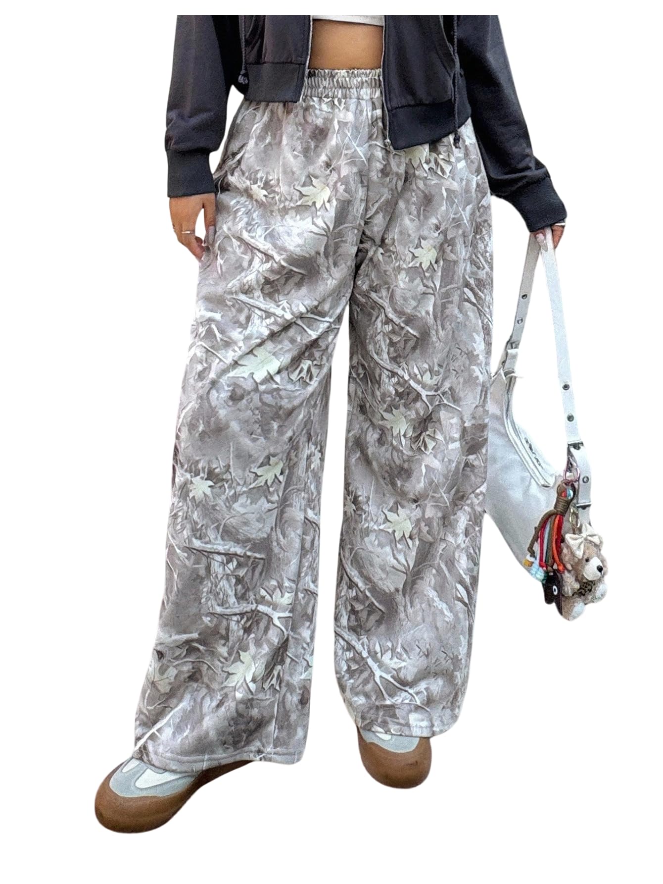 Womens Plus Size Camo Graphic Pants Elastic Waisted Wide Leg Trousers Streetwear Pants