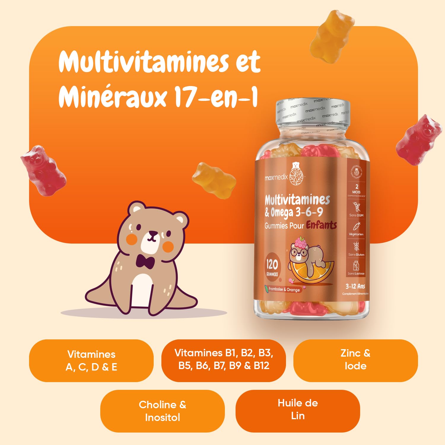 Multivitamines et Minéraux avec Oméga 3 6 9-120 Gummies Enfants Vegan - 17 Vitamines & Minéraux C, D, B12, B6, A et Zinc - Multivitamines Enfants dès 3 Ans Goût Framboise & Orange Faibles en Sucre