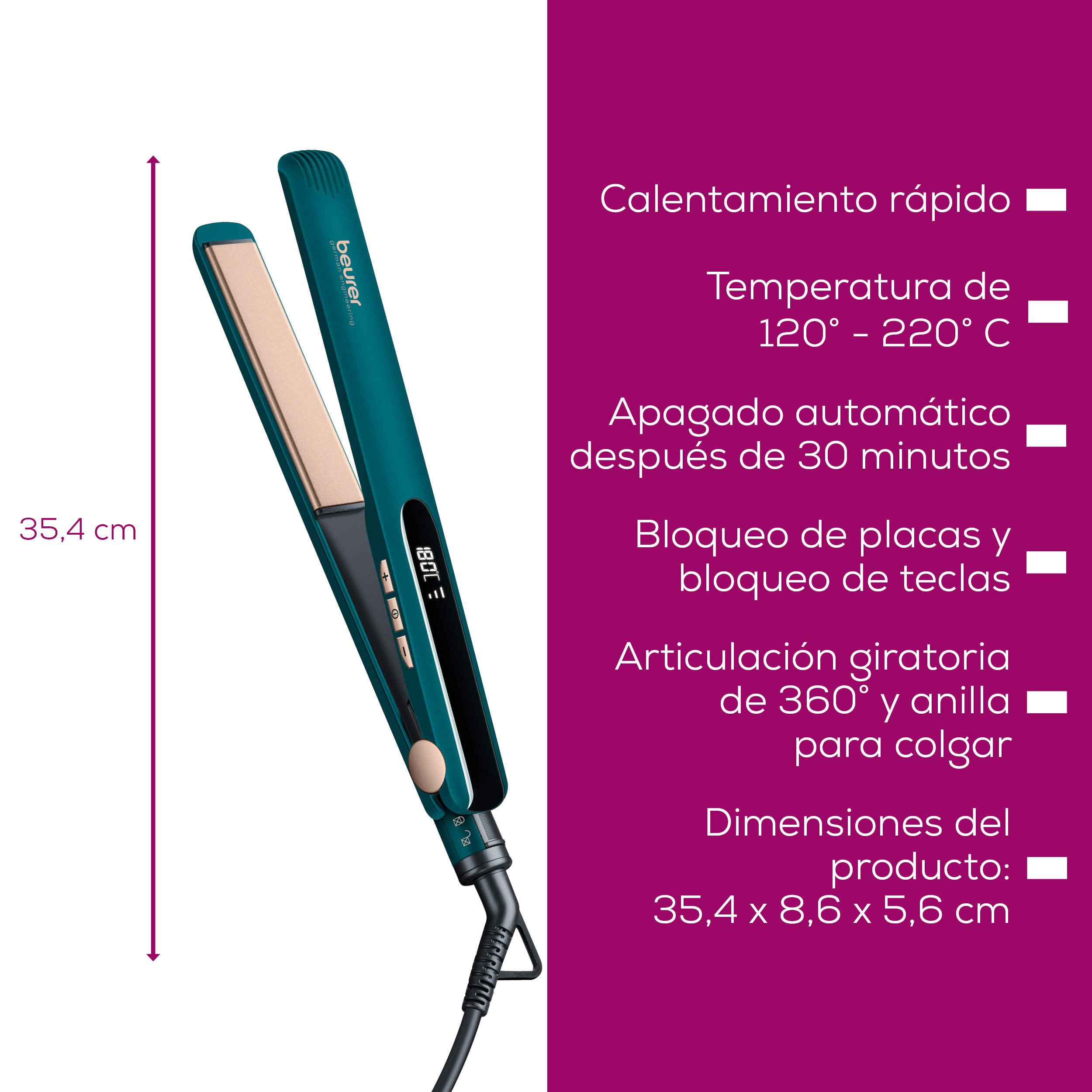 Beurer HS 50 Ocean Plancha para el pelo, alisador con revestimiento cerámico de queratina para un cabello suave, pantalla LED para indicar la temperatura, ajuste de temperatura de 120 a 220°C