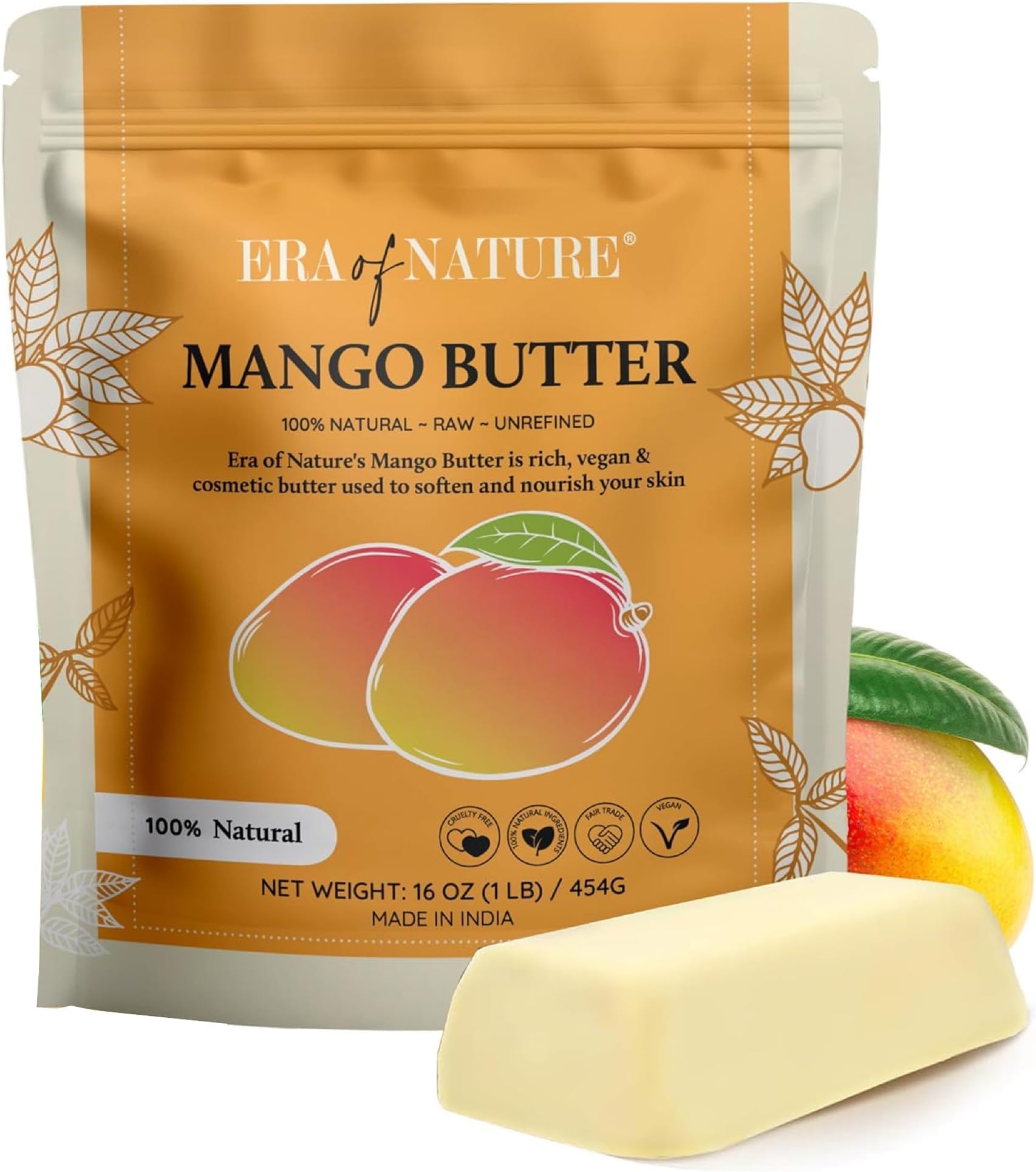 era of nature Organic Unrefined Raw Mango Body Butter Block 16oz - Moisturizing Mango Seed Raw Butter Bar for Skin & Hair, DIY Lip Balm Base, Cream, Soap & Lotion Making Supplies, Personal Skincare