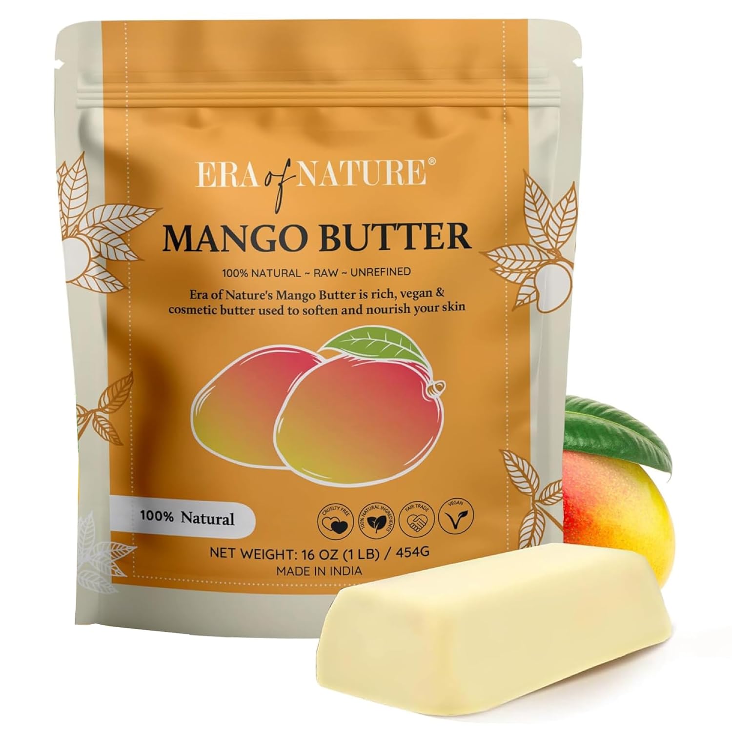 era of nature Organic Unrefined Raw Mango Body Butter Block 16oz – Moisturizing Mango Seed Raw Butter Bar for Skin & Hair, DIY Lip Balm Base, Cream, Soap & Lotion Making Supplies, Personal Skincare