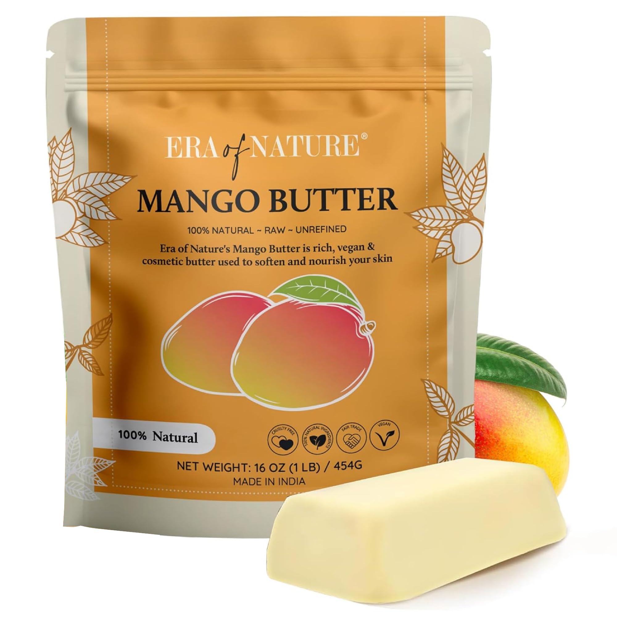 era of nature Organic Unrefined Raw Mango Body Butter Block 16oz - Moisturizing Mango Seed Raw Butter Bar for Skin & Hair, DIY Lip Balm Base, Cream, Soap & Lotion Making Supplies, Personal Skincare[Amazon-developed Certification] Compact by Design