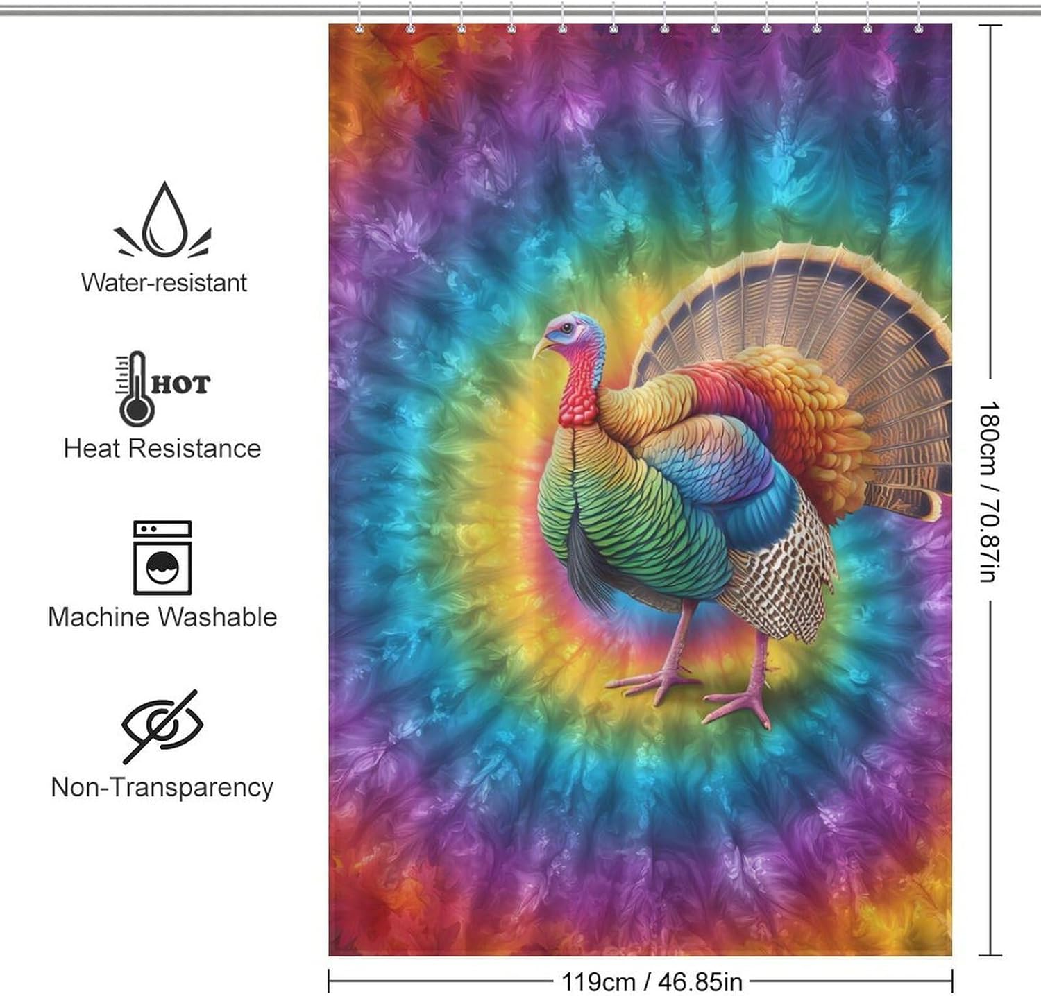Tie Dye Turkey Shower Curtain 46.85x70.87Inch（119x180cm） Polyester Bath Curtain Shower Curtains Printed Decorative