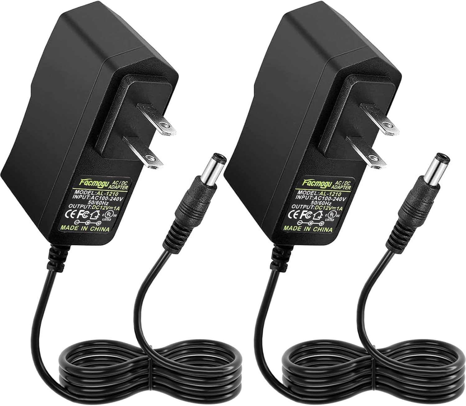 Facmogu 2 Pack 12V 1A AC/DC Power Supply, 100-240V AC to DC 12V 1A Power Adapter, 12W 12V 1 Amp Wall Adapter, 12 Volts 1000mA Regulated Switching Power Converter, with 5.5×2.5mm & 5.5×2.1mm DC Plug