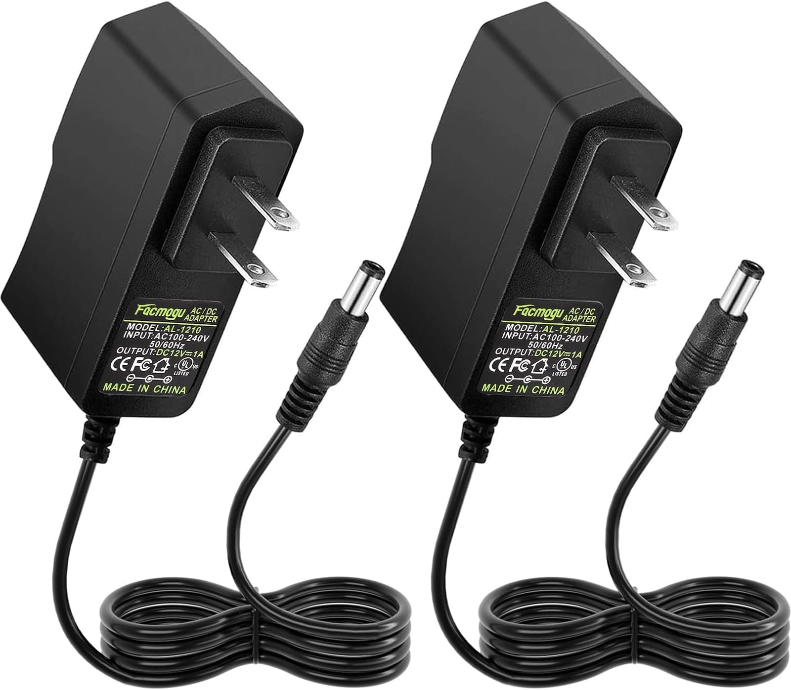 Facmogu 2 Pack 12V 1A AC/DC Power Supply, 100-240V AC to DC 12V 1A Power Adapter, 12W 12V 1 Amp Wall Adapter, 12 Volts 1000mA Regulated Switching Power Converter, with 5.5x2.5mm & 5.5x2.1mm DC Plug