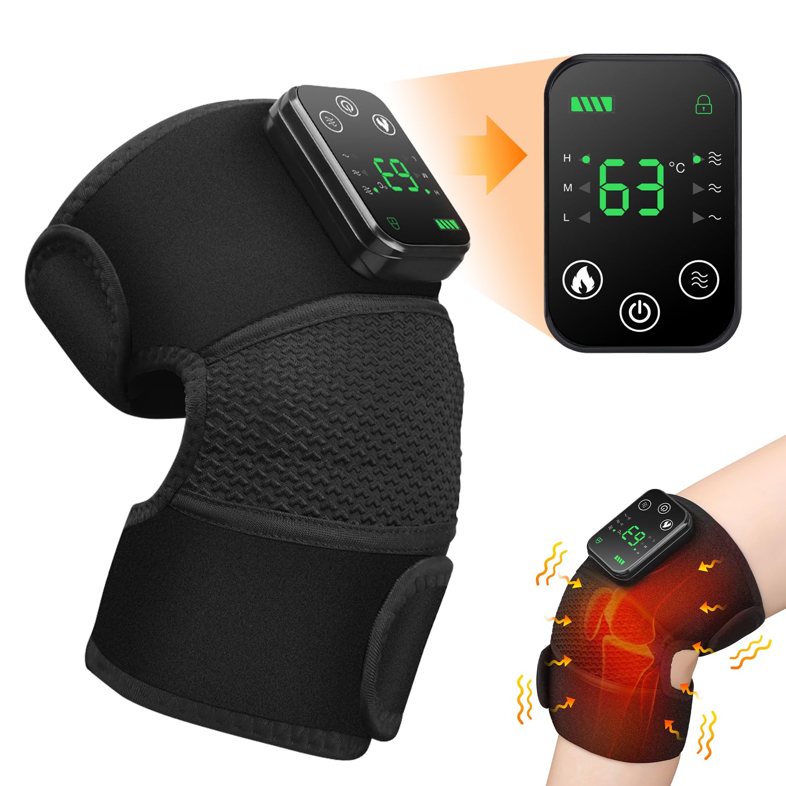 Rodillera calefactora inalámbrica,Cojín calefactor para la rodilla con control táctil, rodillera térmica para hombro y codo con 3 modos de masaje, ajustes de temporizador