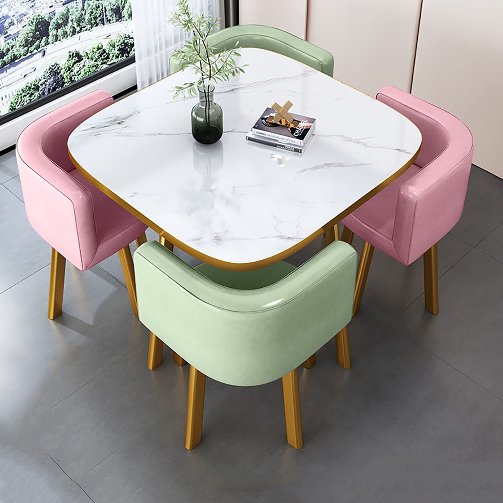 OLSKFUH Modern Round Dining Table Set With 4 Chairs For Business Meetings And Office Conference Small Round Coffee Table And Chair Combination Pu 6,Pu-7-80 * 80 * 73cm