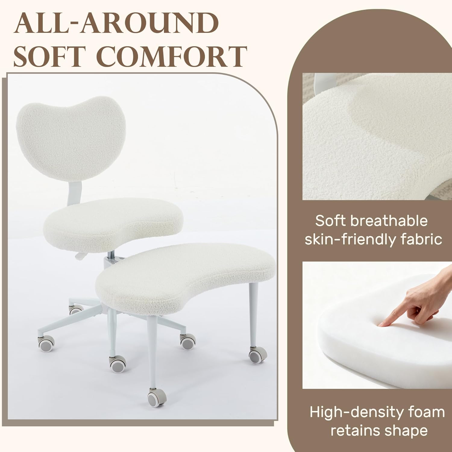 Ergonomic Cross Legged Office Chair with Wheels, Criss Cross Chair with Plus Cushion, 360° Swivel Meditation Chairs, ADHD Chairs with Height Adjustable Seat, Lumbar Back Support, Teddy Fabric, Ivory