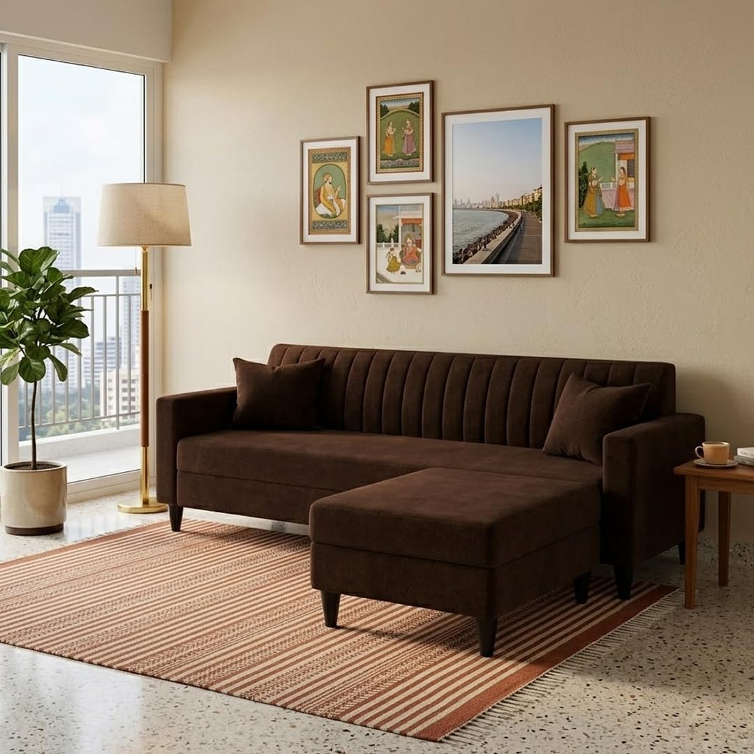 FURNY Avvono 4 Seater Fabric Modular Sofa Set with Ottoman (Brown) | Premium Velvet Finish | Durable Comfort | Ideal for Living Room-image-36
