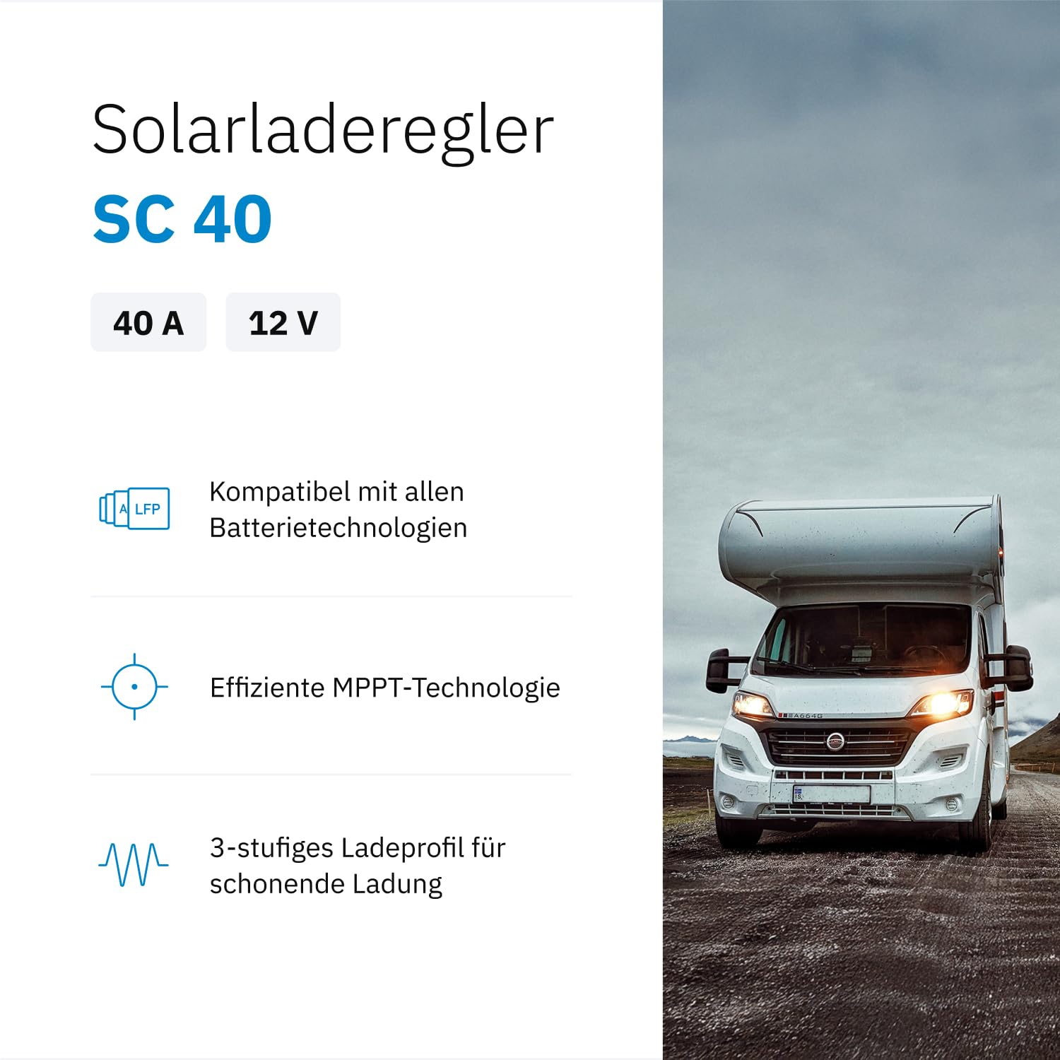 ECTIVE - SC 40 MPPT Solar Laderegler 12V/24V 40A – Charge Controller bis 50V, 480/960 Wp kompatibel mit LiFePO4/AGM/GEL/Nass – für Wohnmobil, Camper, Caravan, Boot