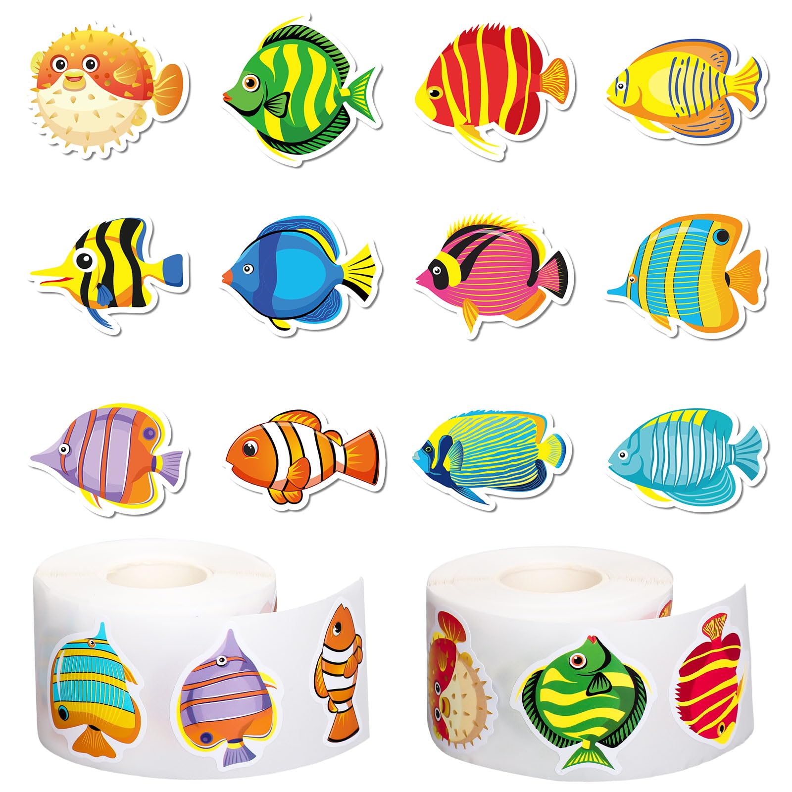 Whaline 1000 Pcs Tropical Fish Stickers Summer Cartoon Ocean Fish Stickers Under The Sea Creature Self-Adhesive Sticker Decals for Ocean Theme Party
