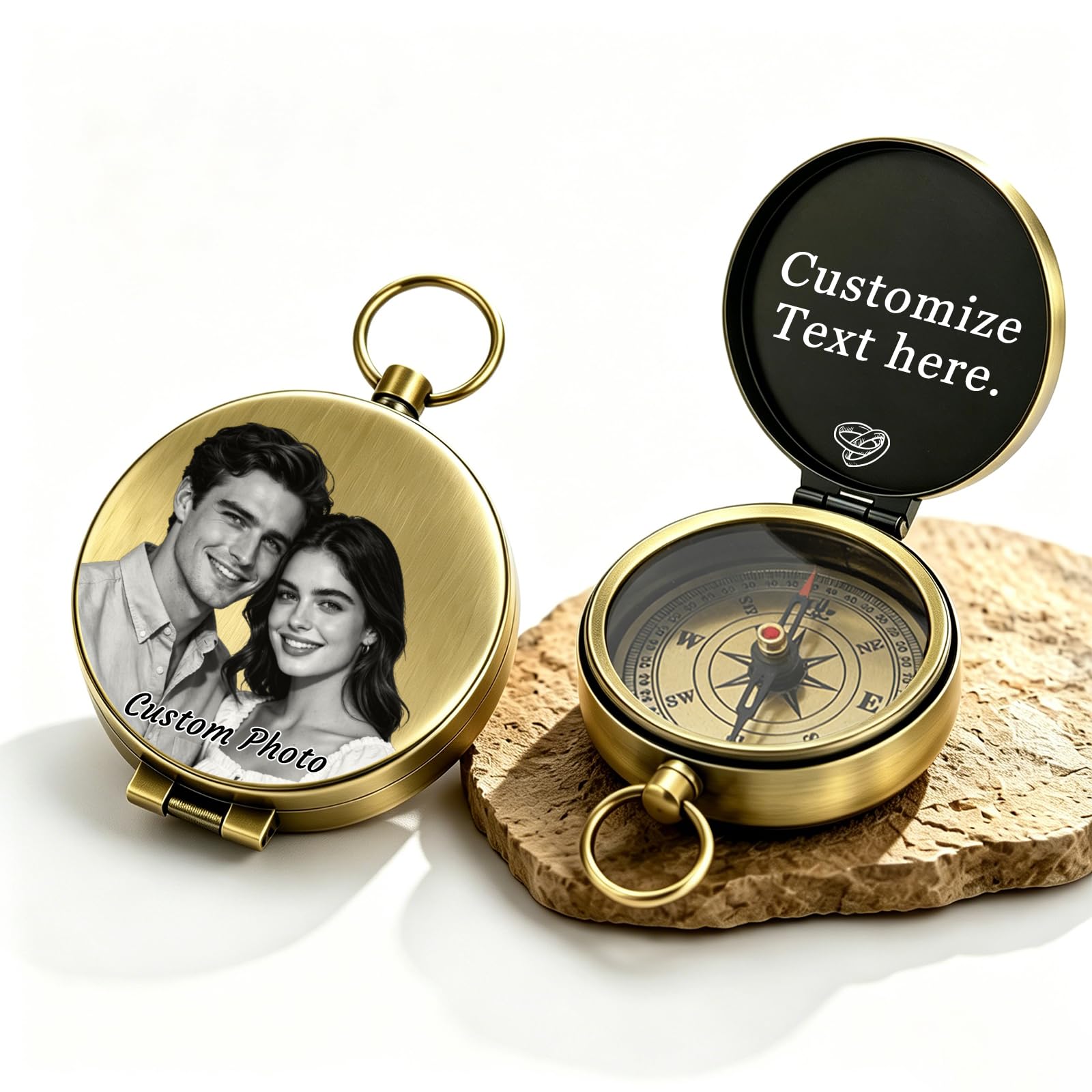 Personalised Vintage Compass Custom Photo & Message Engraved Gift for Men Husband Boyfriend Anniversary Birthday Graduation Present (yellow 02)