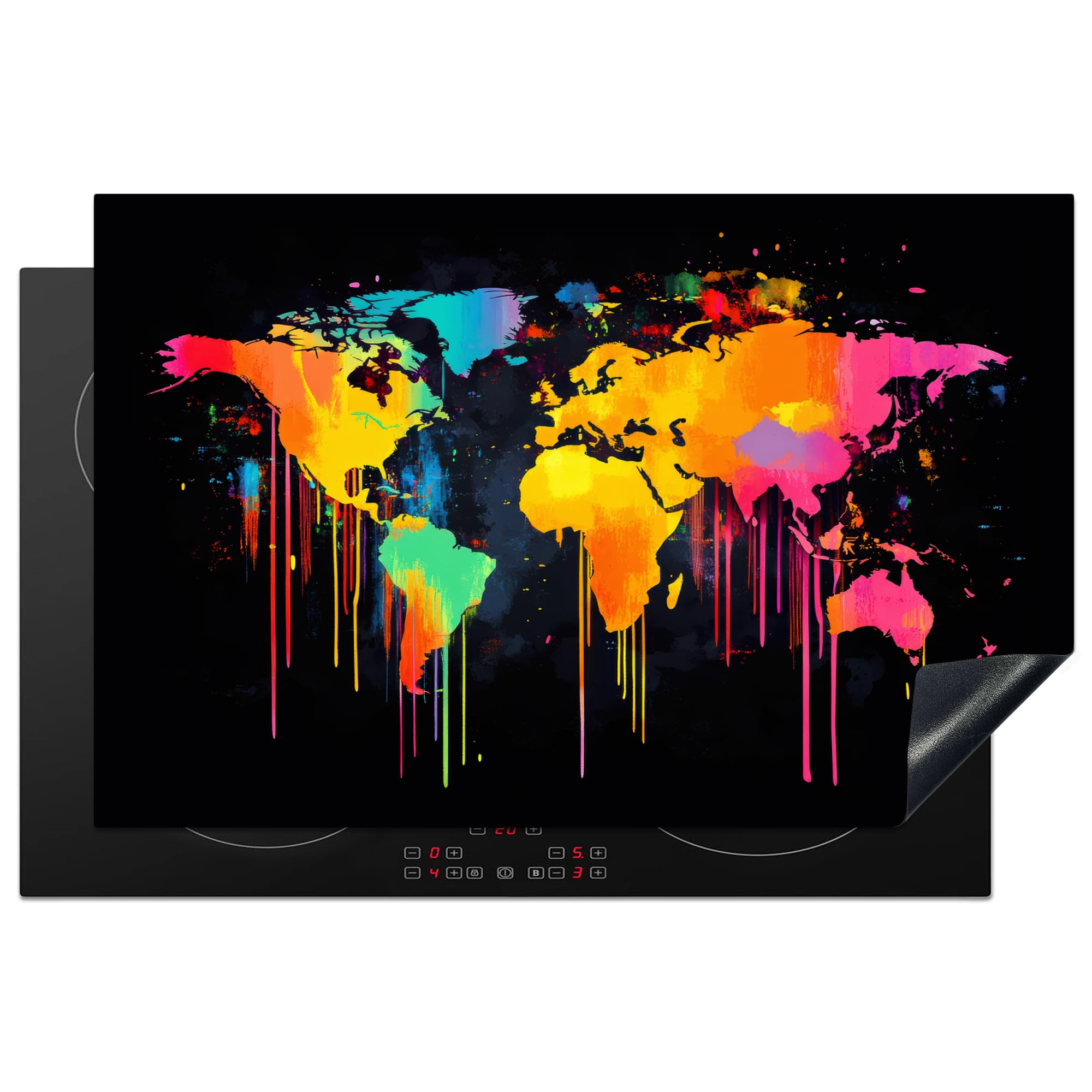 KitchenYeah© Induction Hob Cover Protector Mat 20.5"x31.9" / 81x52 cm Kitchen Universal Ceramic Covers for Electric Cookers Vinyl World Map - Paint - Colourful - Graffiti - World