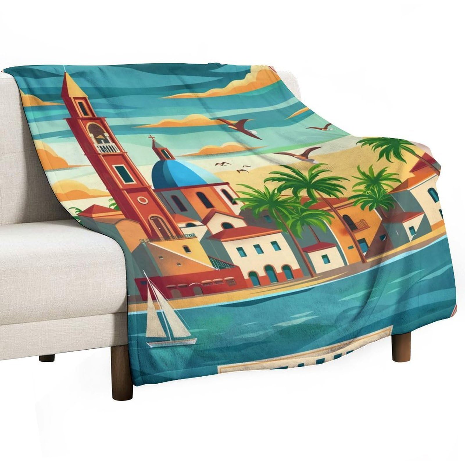 YHGSREUOH Mediterranean Sardinia Sunset Church Bell Tower 03 Flannel Blankets Fleece Soft Throw Lightweight Plush Gifts for Couch, Bed, Cozy Sofa Plush, Chair, Lovers 175x200cm(70x80in)