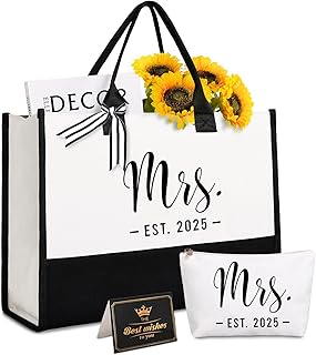 Lamyba Bride Tote Bag,Bridal Shower/Bachelorette Party/Wedding Day Gifts for Bride To Be,Mrs Bags with Makeup Bag,Interior Pocket,Black and White