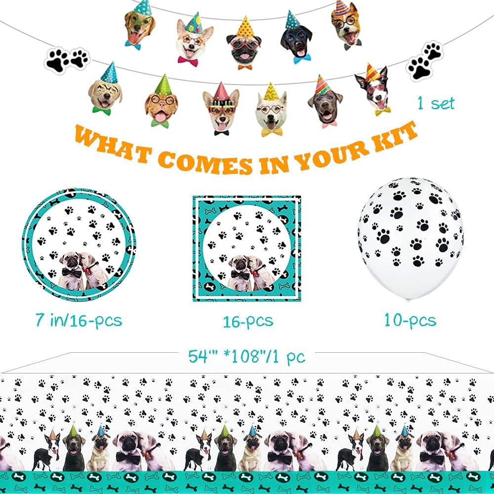 Dog Pet Birthday Decorations Party Supplies Serves 16 Include Puppy Face Banner Plates Napkins Paws Balloons and Table Cover Party Packs for Doggy Kids Birthday Baby Shower Décor (Turquoise) : Toys & Games