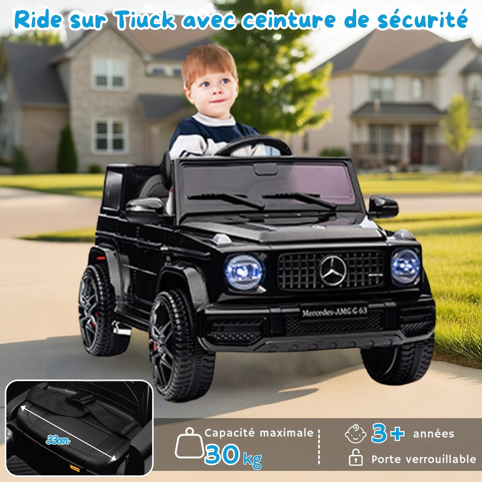 LALAHO Voiture électrique pour Enfants G63，Véhicule Electrique Enfant 3 à 6 Ans avec Télécommande 2.4G，2 Portes avec MP3 (Noir)